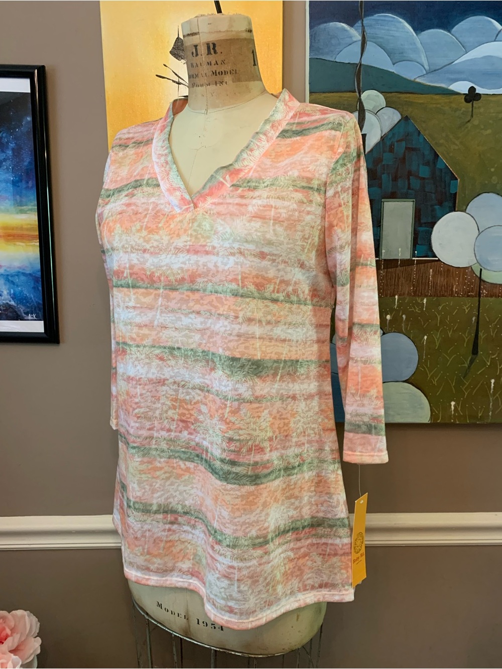 NWT Ruby Rd. Watercolor Striped V-Neck Top - 3/4 Sleeve - Size S